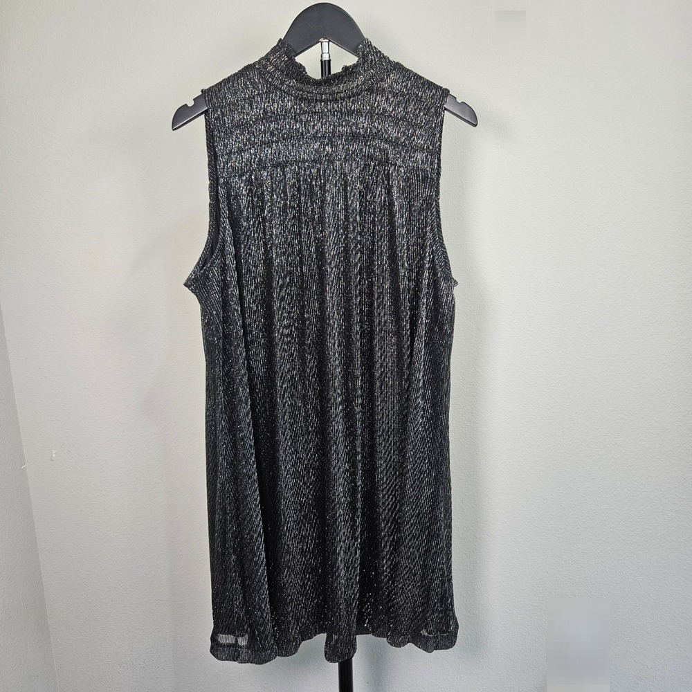 Nine West Shift Dress Women Large Black Silver Metallic Mock Neck Plissé Glam
